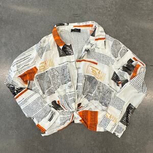 Vintage Y2K Milk & Honey Newspaper Print White Multi Long Sleeve Crop Blouse L